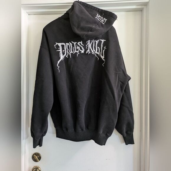 Dolls Kill X Current Mood Colab Medium Embroidered Exclusive Crew Black Hoodie. - Picture 4 of 6